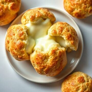 Gooey mozzarella cheese inside golden biscuit bombs, perfect for snacks or appetizers.