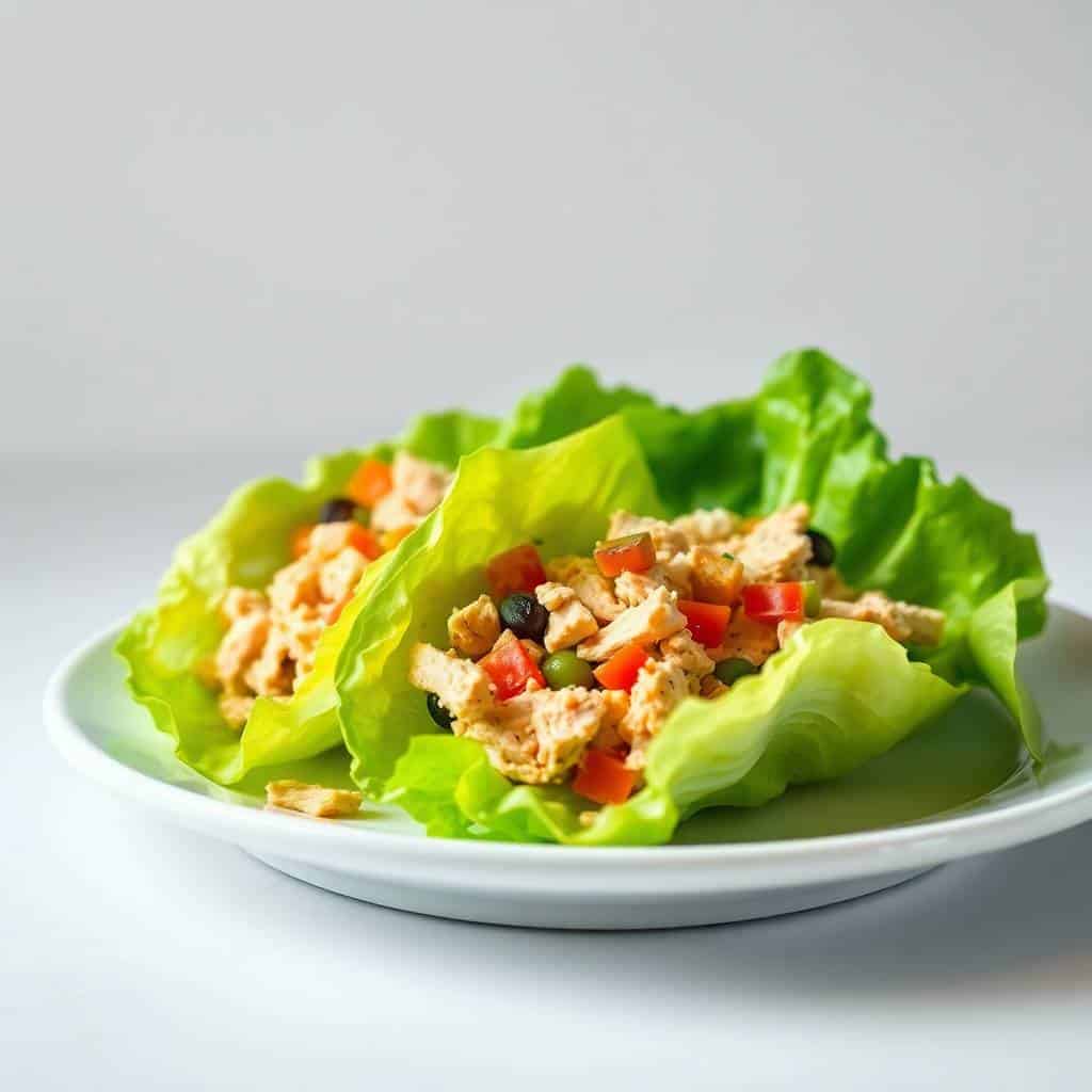 Healthy chicken salad in fresh lettuce wraps with vegetables.
