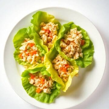 Healthy chicken salad lettuce wraps with fresh vegetables and light dressing. Perfect for a nutritio.