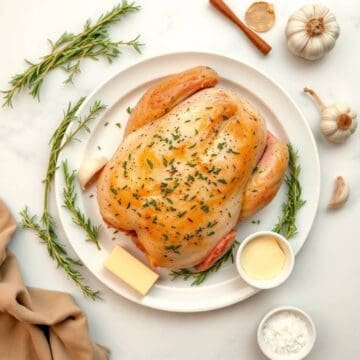 Herb butter roasted turkey breast with fresh herbs and garlic on a white plate.