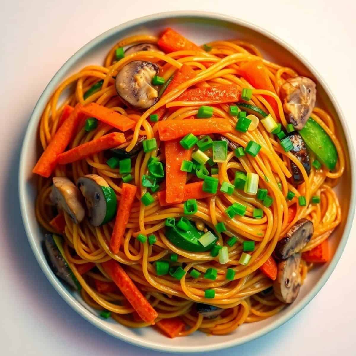 Delicious hibachi-style noodles with mushrooms, carrots, and green onions.