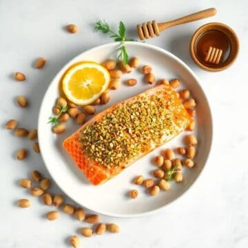 Salmon with pistachio crust, lemon slice, honey, and herbs on a white plate.