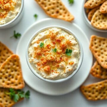 Delicious hot crab dip served with crispy crackers, perfect for sharing.