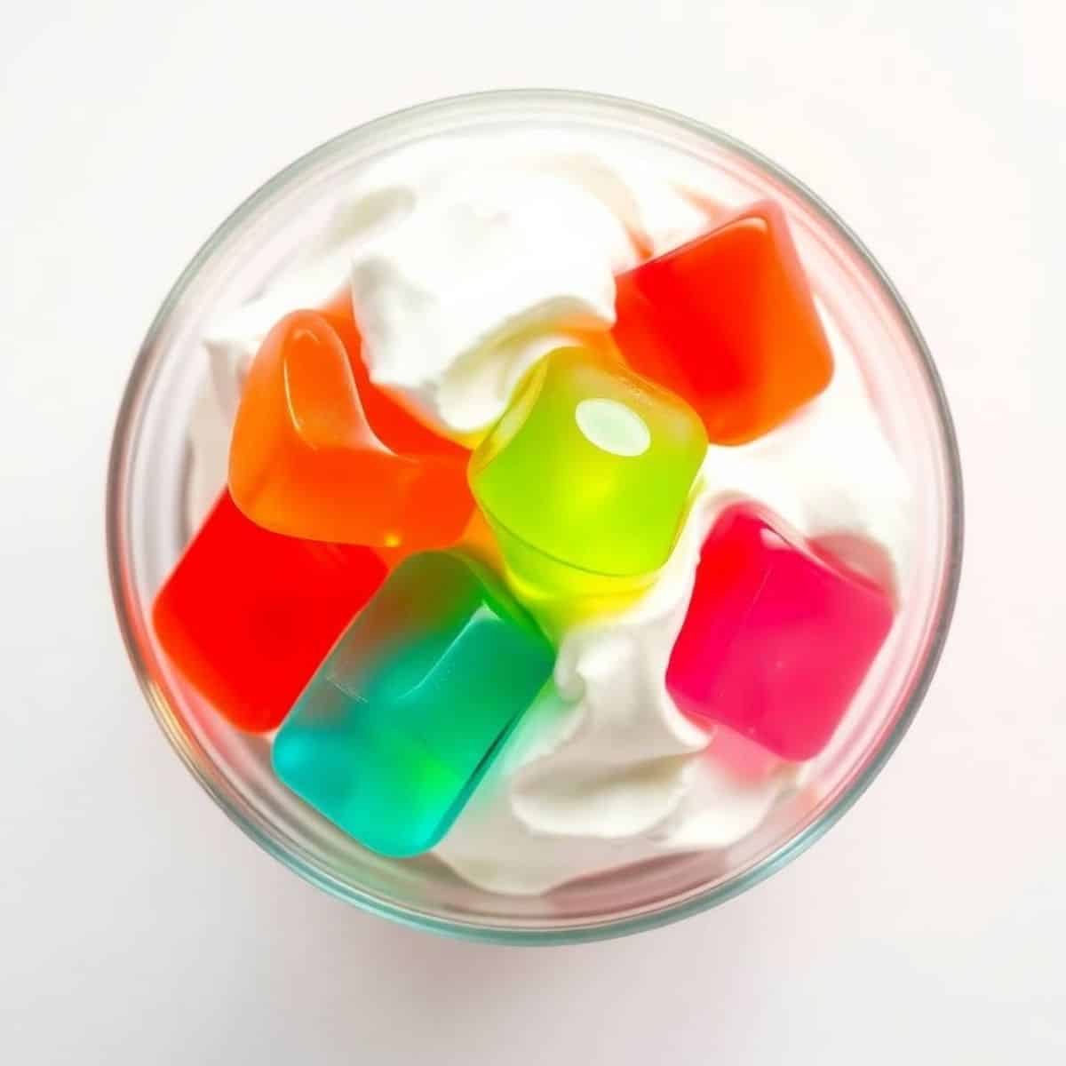 Colorful Jello cubes with whipped cream in a glass.