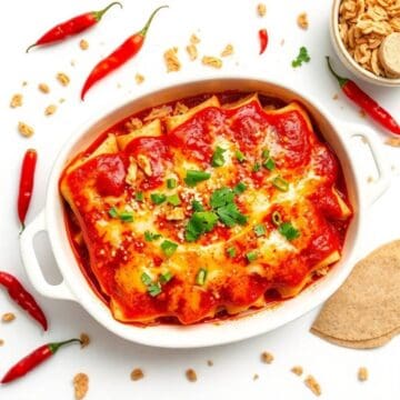 Delicious red chicken enchiladas topped with melted cheese and fresh cilantro, perfect for a flavorf.