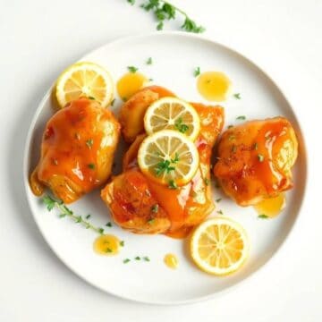 Juicy chicken thighs with lemon honey glaze garnished with lemon slices and herbs.