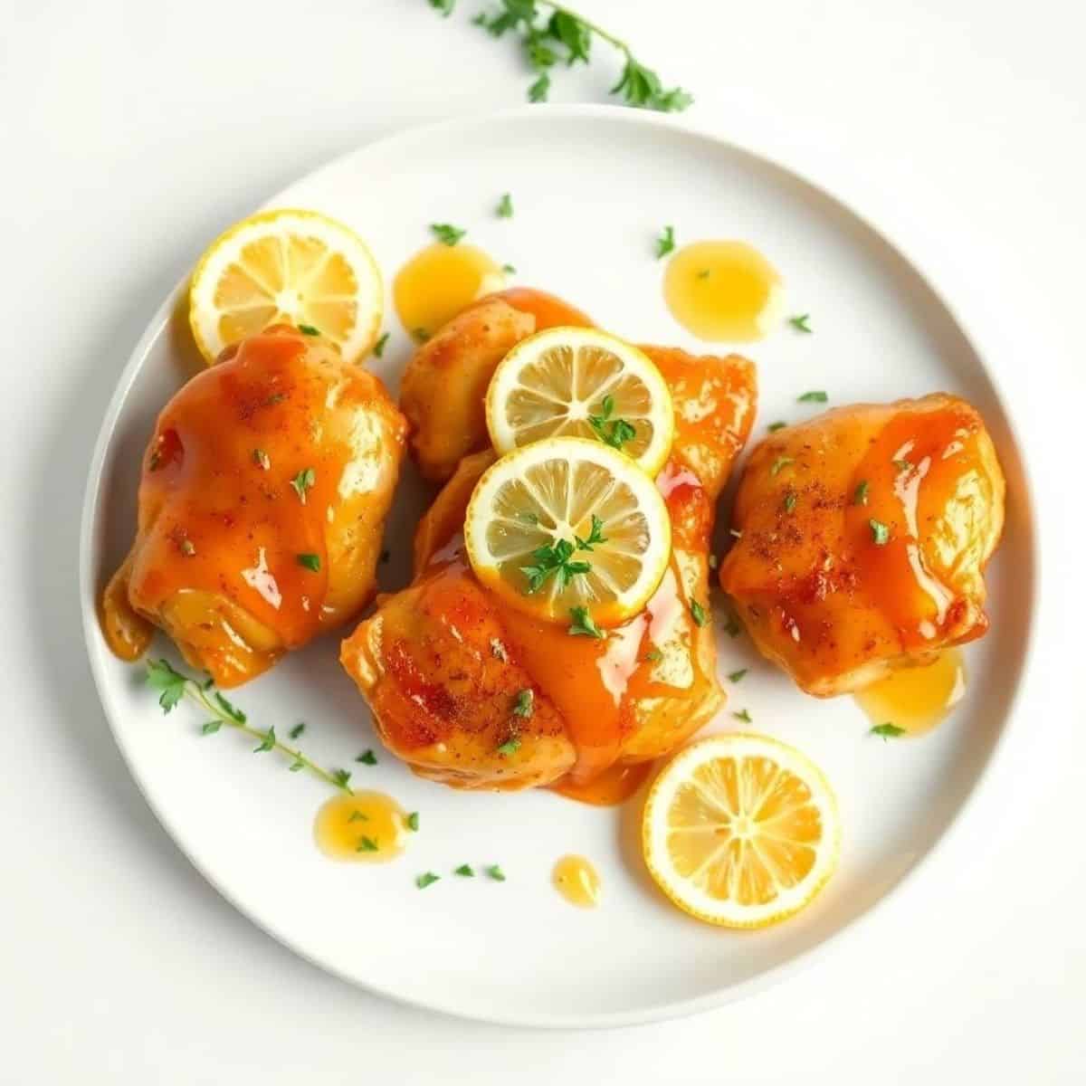 Juicy chicken thighs with lemon honey glaze garnished with lemon slices and herbs.