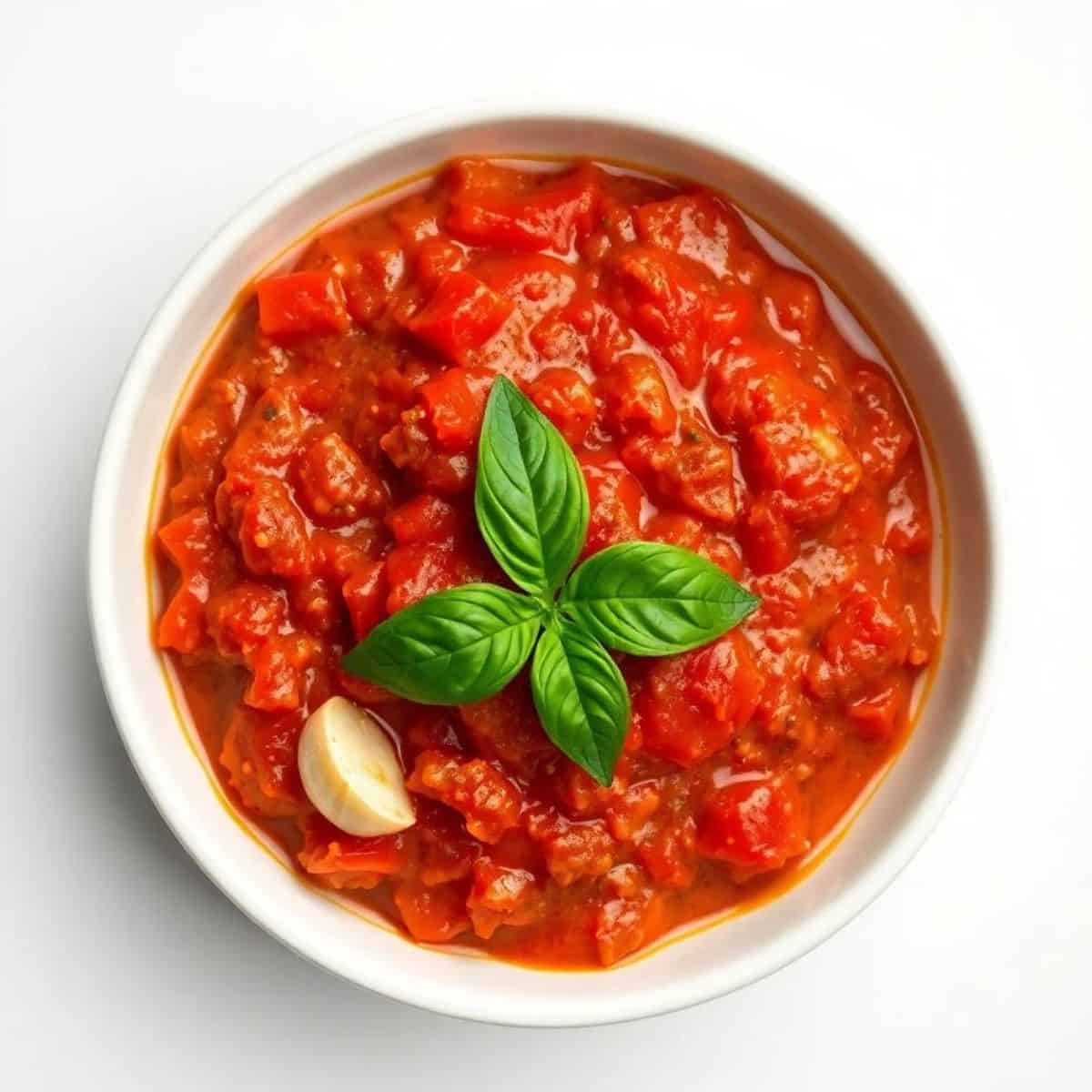 Classic marinara sauce with fresh basil in a white bowl.
