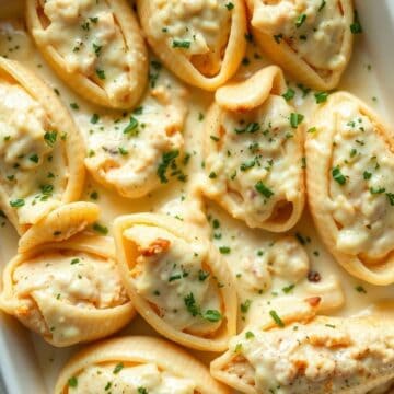 Delicious stuffed pasta shells filled with creamy chicken Alfredo mixture, topped with melted cheese.