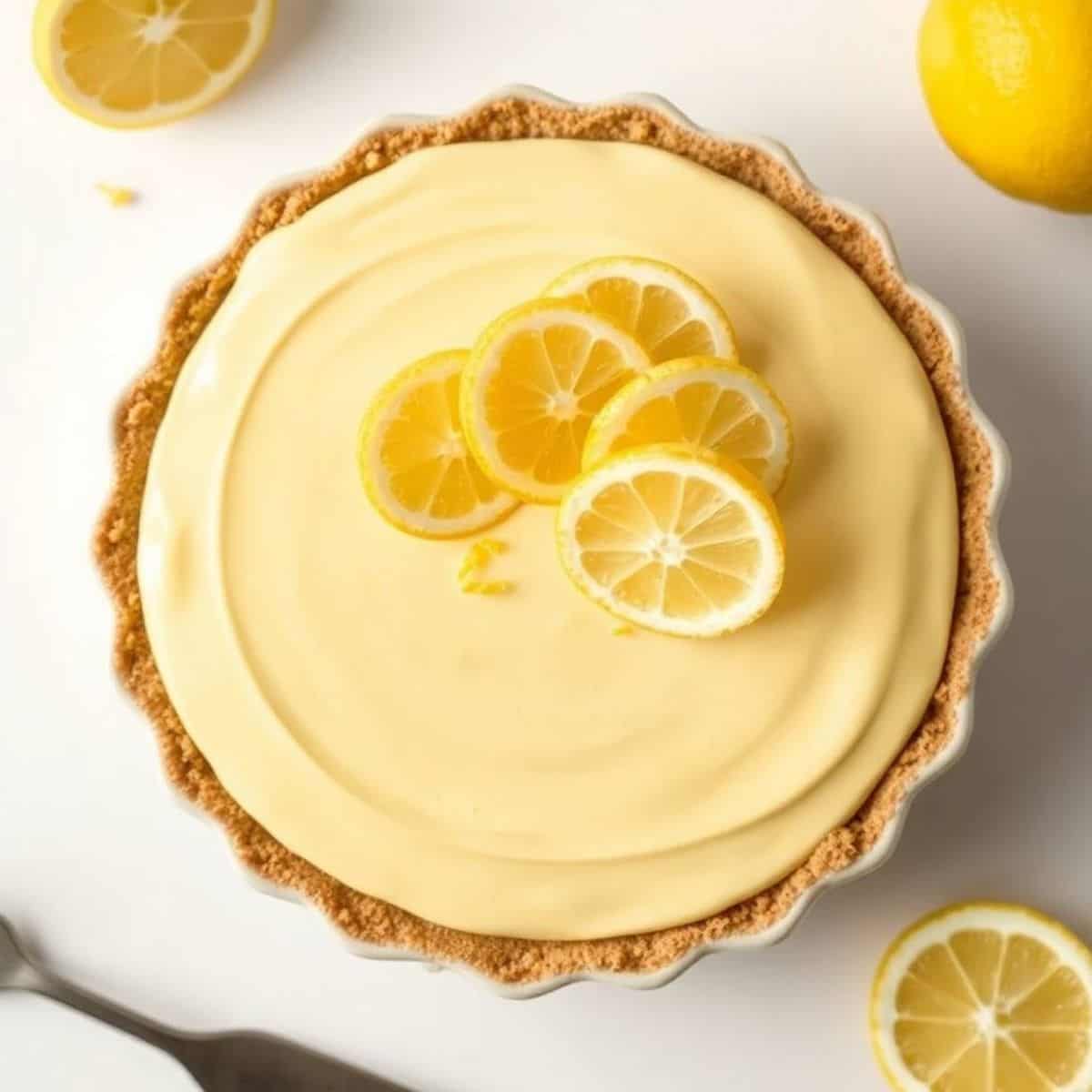 No-bake lemon cheesecake pie topped with fresh lemon slices, perfect for summer desserts.