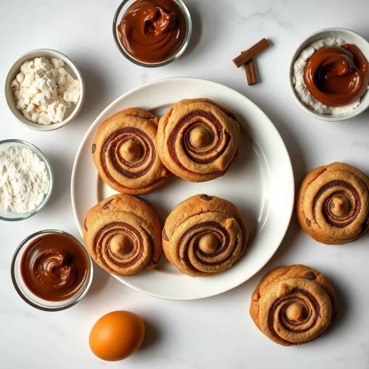 Delicious Nutella cookies with chocolate swirls and fillings on a white plate.