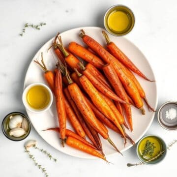 Oven roasted carrots drizzled with olive oil and herbs on a white plate.