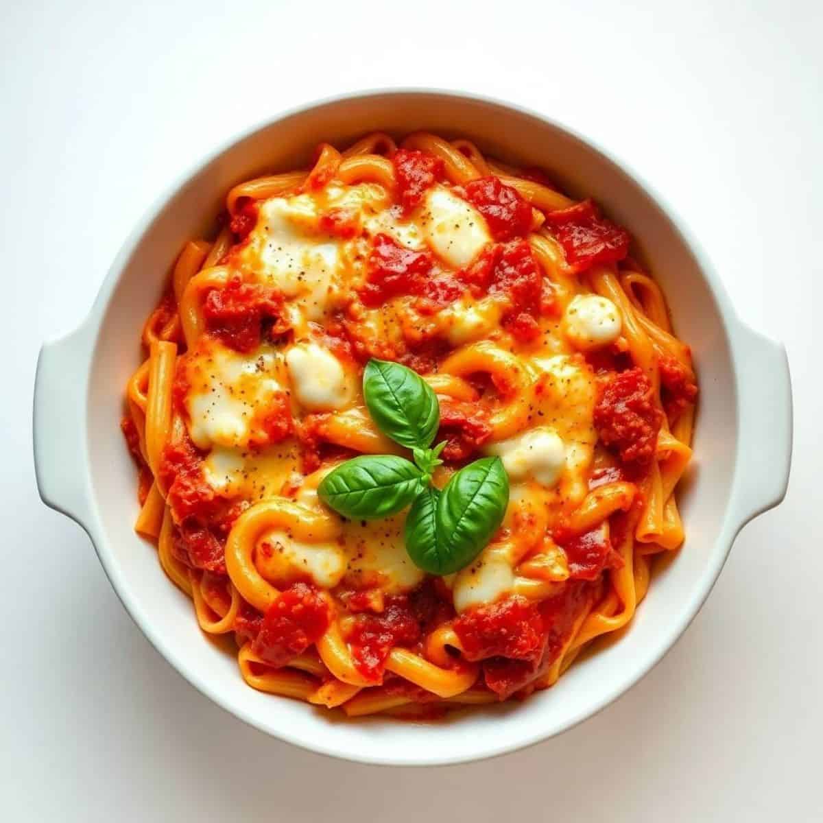 Delicious baked ziti with melted cheese, tomato sauce, and fresh basil, perfect for comfort food lov.