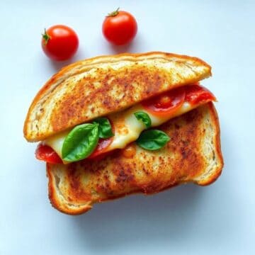 Delicious grilled cheese sandwich with tomato and basil on toasted bread.
