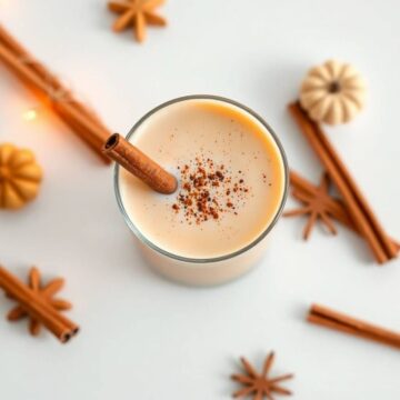 Creamy pumpkin spice eggnog with cinnamon stick, perfect for fall holidays.