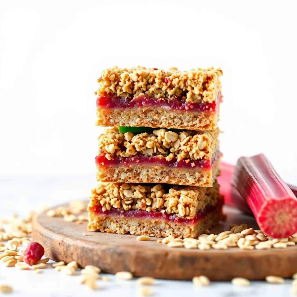 Delicious rhubarb oat bars with a crumbly topping and fruity filling, perfect for a healthy snack or.