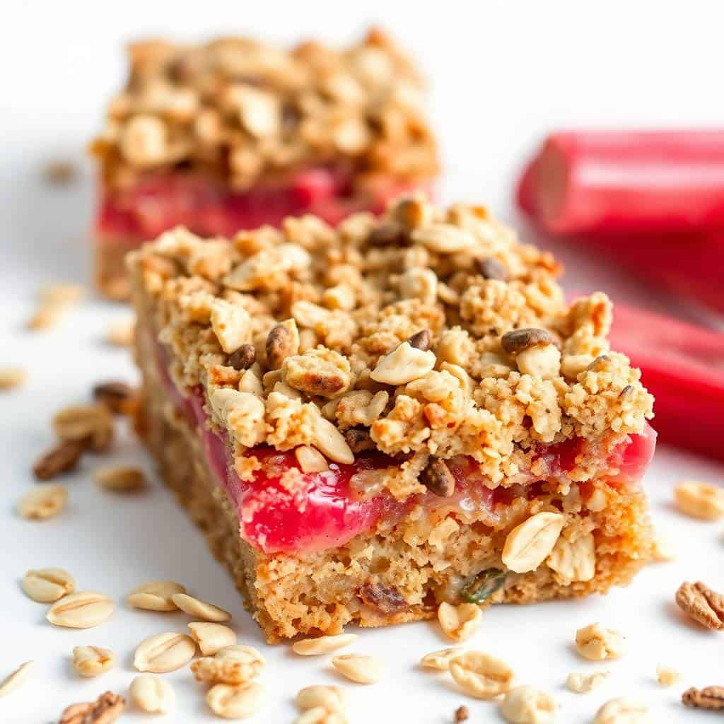 Delicious rhubarb oat bars with crunchy topping and fresh fruit filling.