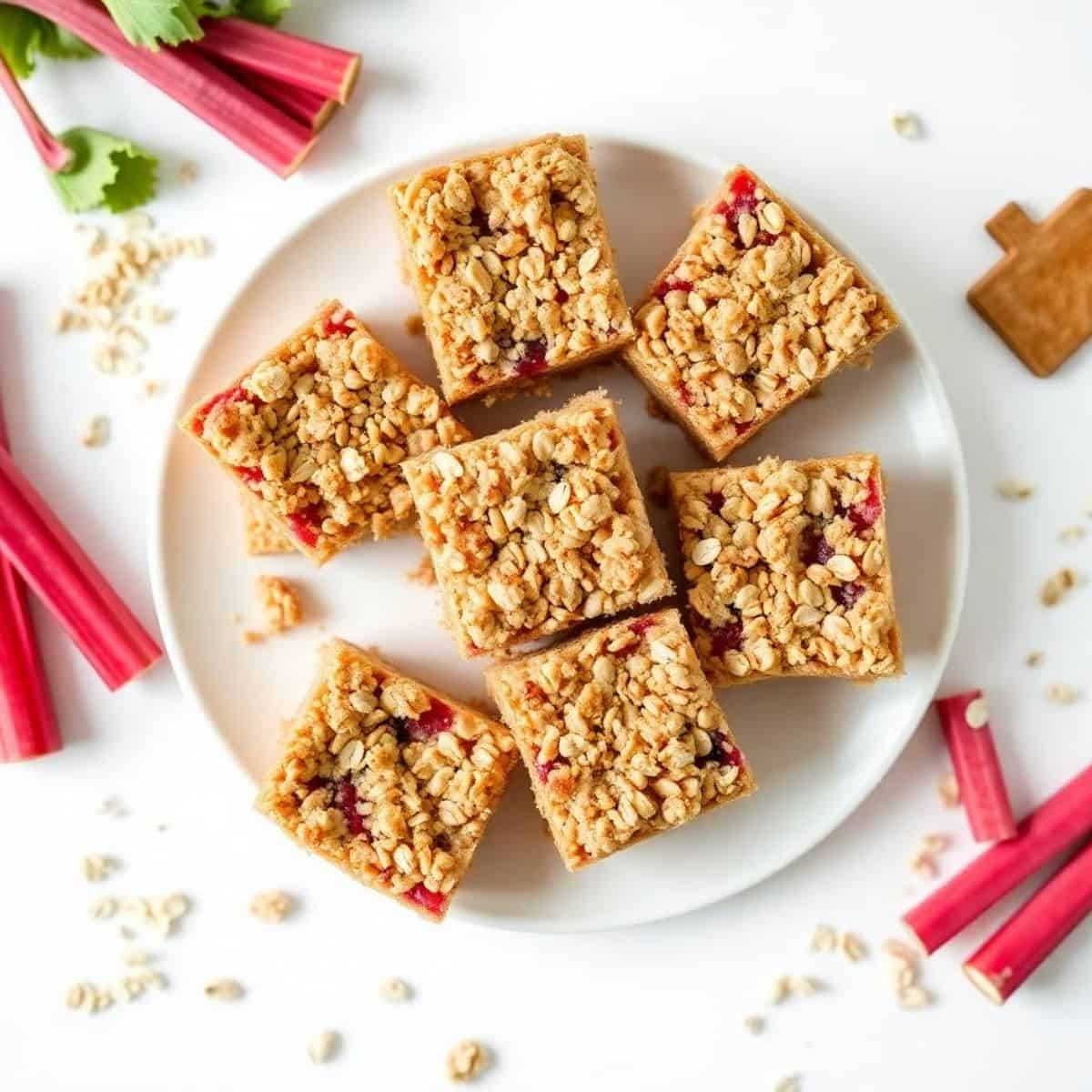 Rhubarb oat bars with crumbly topping and fresh fruit filling. Perfect for a healthy snack or desser.