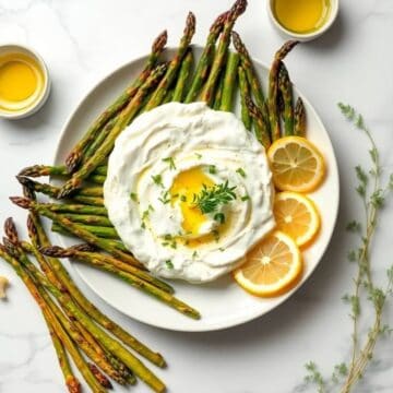 Roasted asparagus with burrata cheese, lemon slices, and herbs on a white plate.