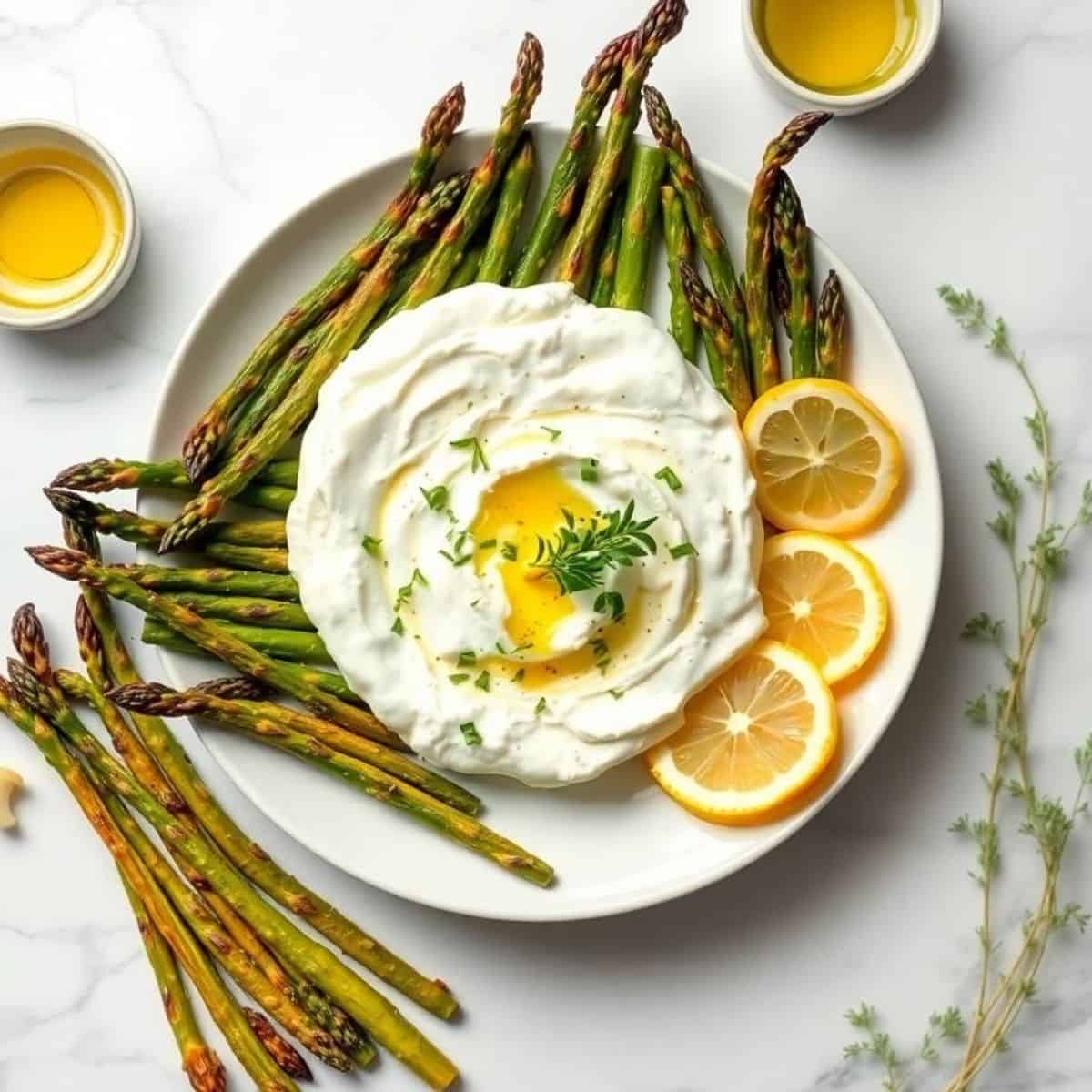 Roasted asparagus with burrata cheese, lemon slices, and herbs on a white plate.