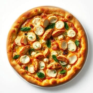 Delicious roasted garlic white chicken pizza topped with fresh herbs and creamy cheese. Perfect for.
