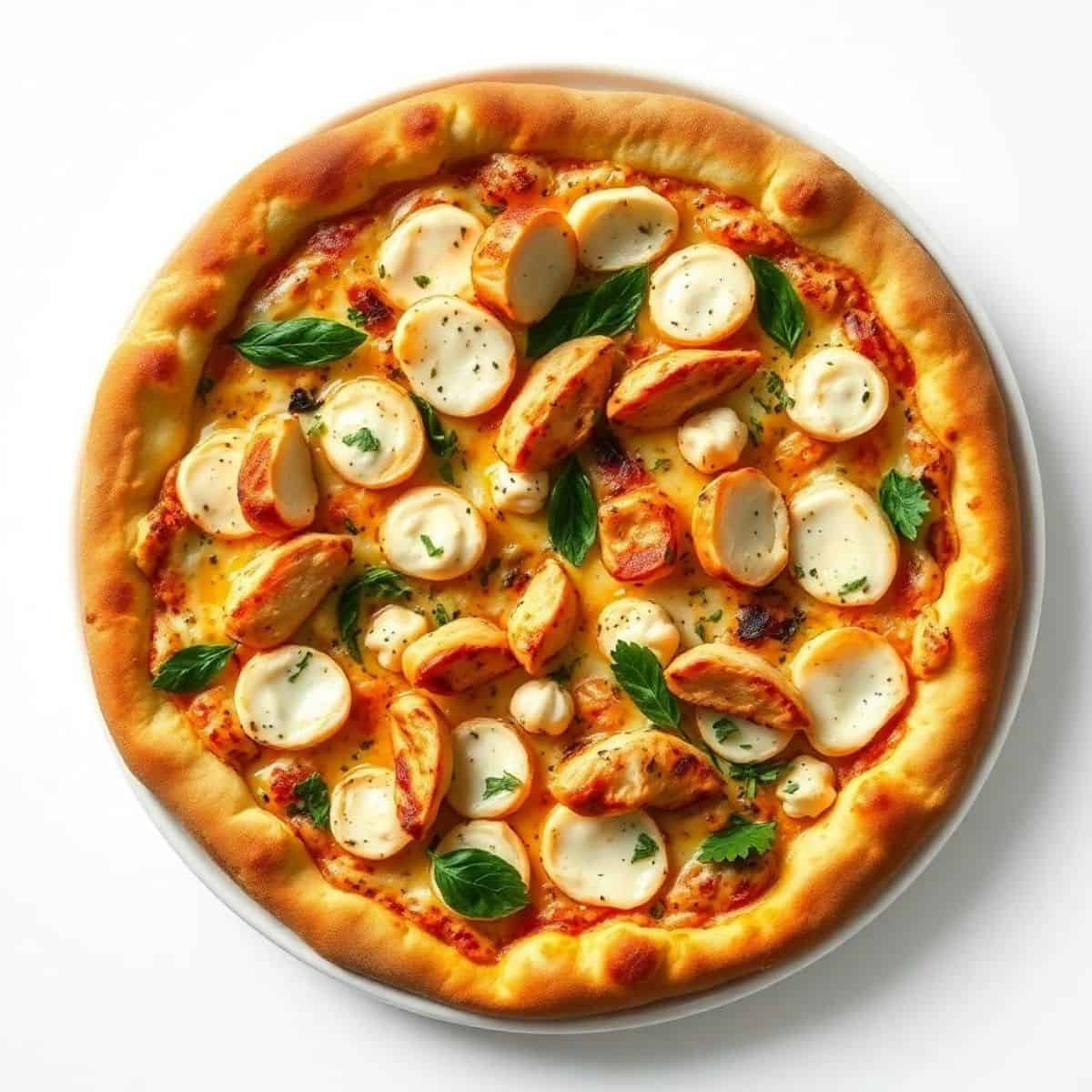 Delicious roasted garlic white chicken pizza topped with fresh herbs and creamy cheese. Perfect for.