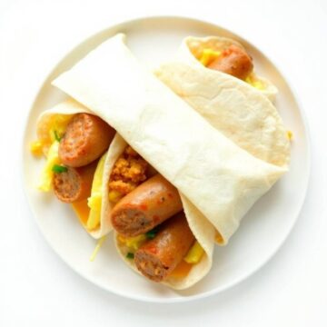 Delicious sausage, egg, and cheese breakfast roll-ups served on a white plate. Perfect for a quick,.