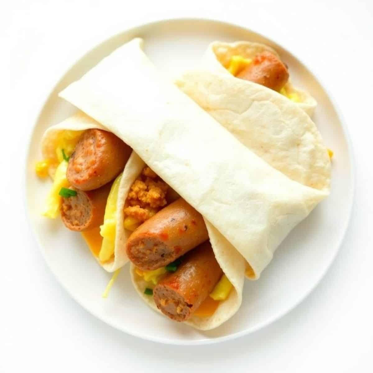 Delicious sausage, egg, and cheese breakfast roll-ups served on a white plate. Perfect for a quick,.