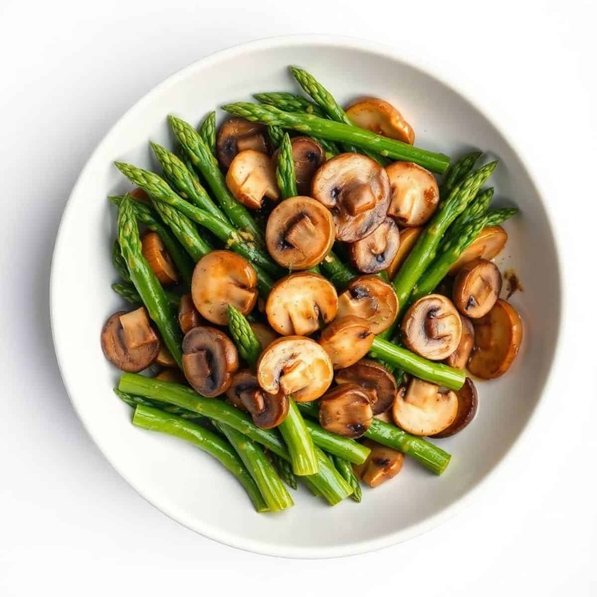 Sautéed asparagus and mushrooms on a white plate, highlighting fresh green asparagus and brown mushr.