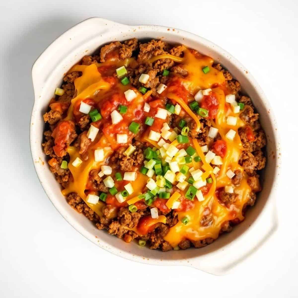 Delicious Sloppy Joe casserole topped with cheese and green onions.