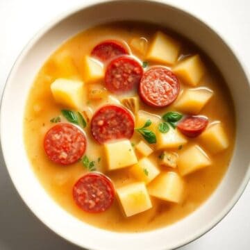 Delicious smoked sausage with apple and potato chunks in a flavorful broth. Perfect comfort food for.