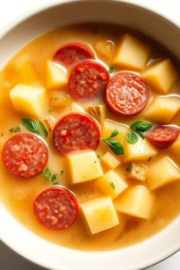 Delicious smoked sausage with apple and potato chunks in a flavorful broth. Perfect comfort food for.