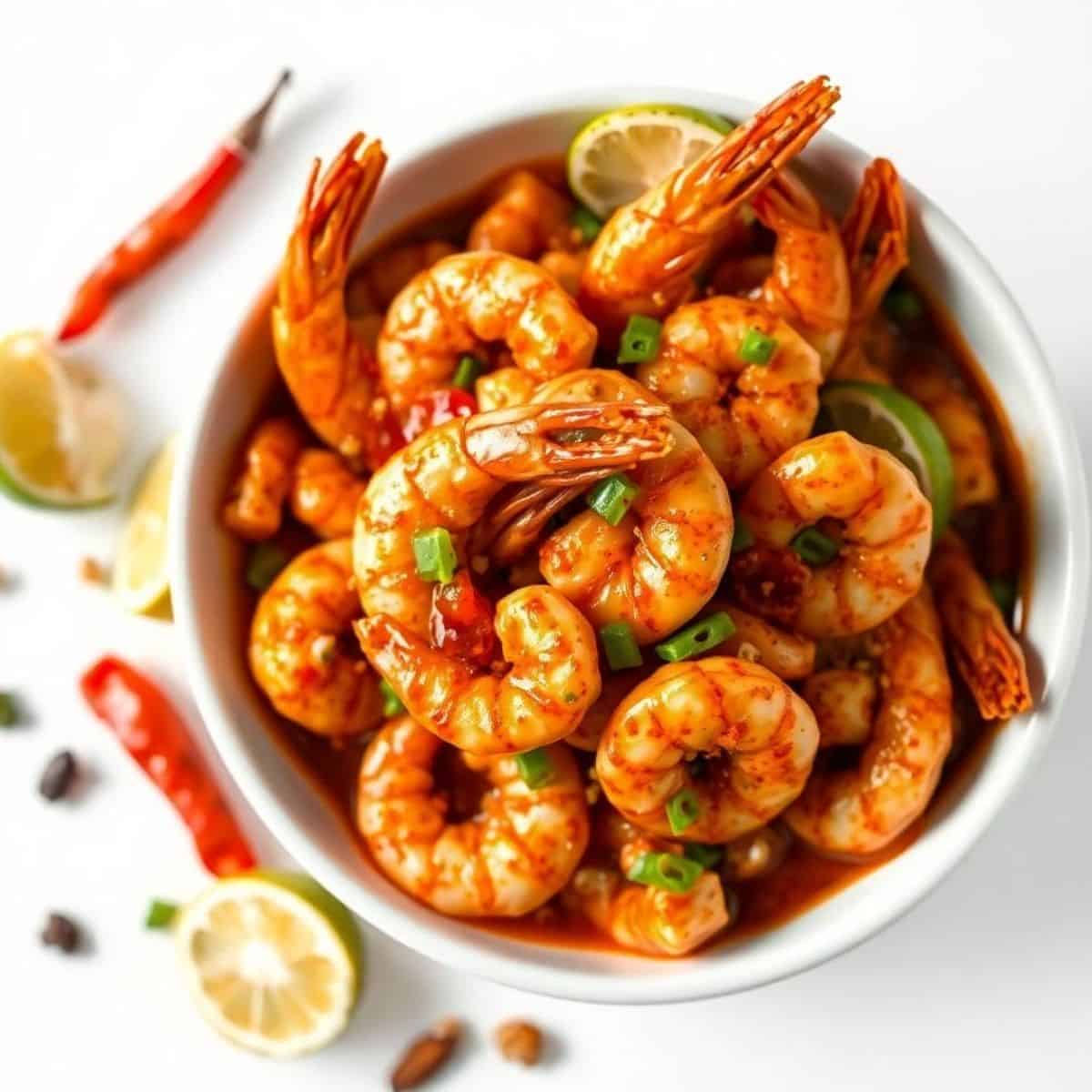 Spicy drunken shrimp with lemon and green onions in a white bowl.