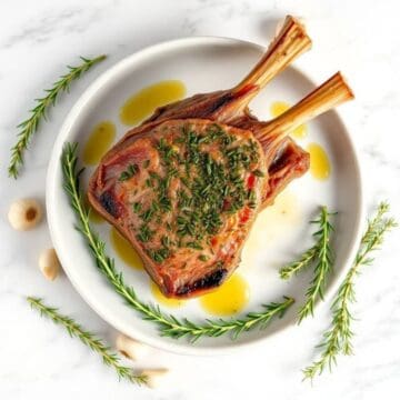 Herb-crusted rack of lamb with fresh rosemary and thyme, drizzled with olive oil, served on a white.