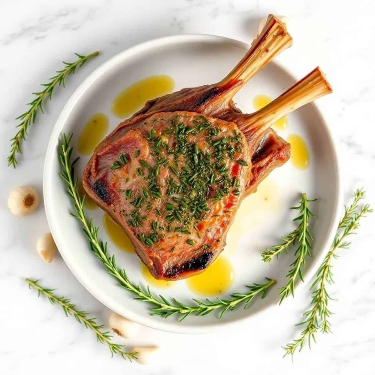 Herb-crusted rack of lamb with fresh rosemary and thyme, drizzled with olive oil, served on a white.