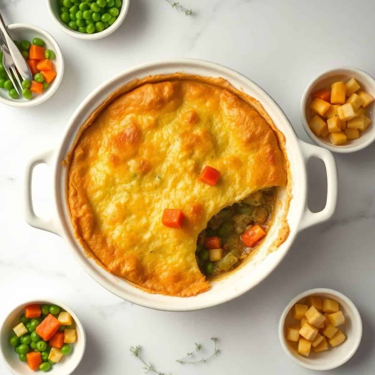Delicious spring vegetable pot pie with a golden crust and fresh seasonal vegetables. Perfect comfor.