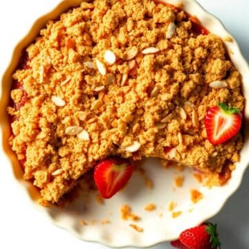Delicious strawberry almond crumble pie with a golden topping and fresh strawberries.