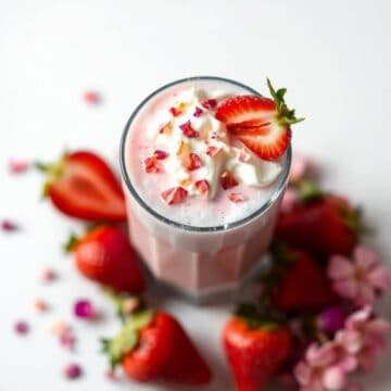 Delicious strawberry milkshake topped with whipped cream and rose petal sprinkles. Perfect for a ref.