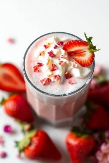 Delicious strawberry milkshake topped with whipped cream and rose petal sprinkles. Perfect for a ref.