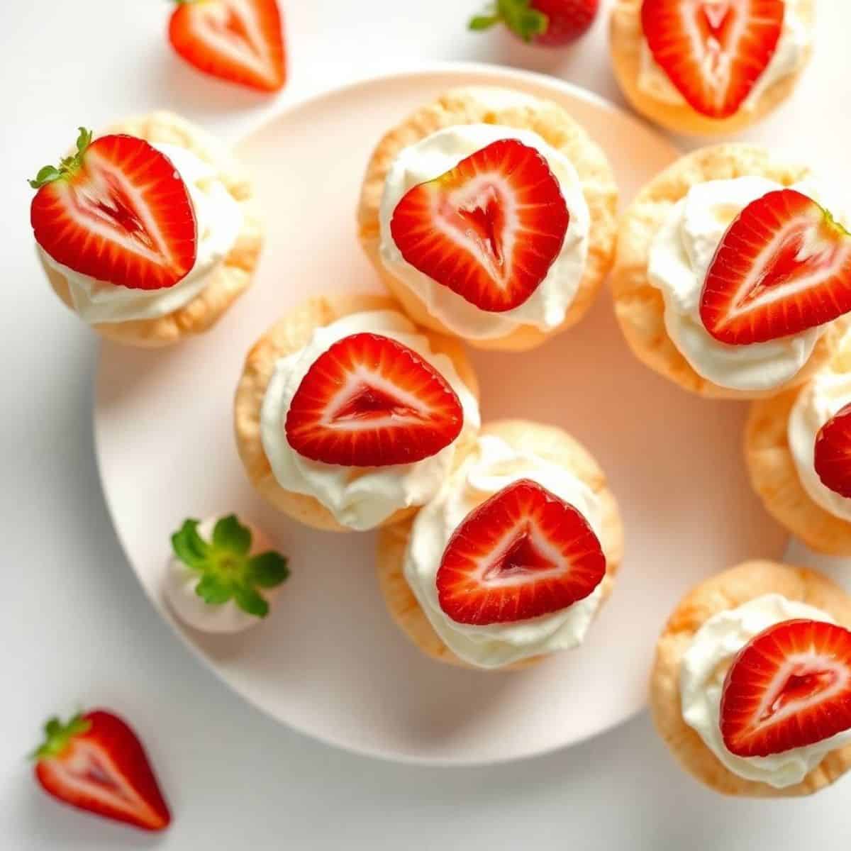 Delicious strawberry cream puffs topped with fresh strawberries and whipped cream. Perfect for desse.