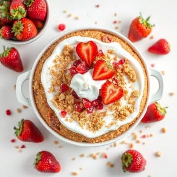 Delicious strawberry poke cake topped with whipped cream, fresh strawberries, and crunchy cookie cru.