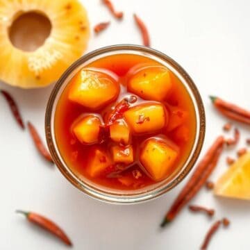 Sweet chili pineapple sauce in a glass jar with pineapple and chili peppers around it.