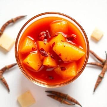 Spicy sweet chili pineapple sauce with chunks of pineapple and chili flakes in a glass.