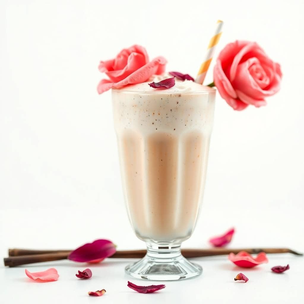 Creamy vanilla rose milkshake garnished with pink roses and edible flower petals.