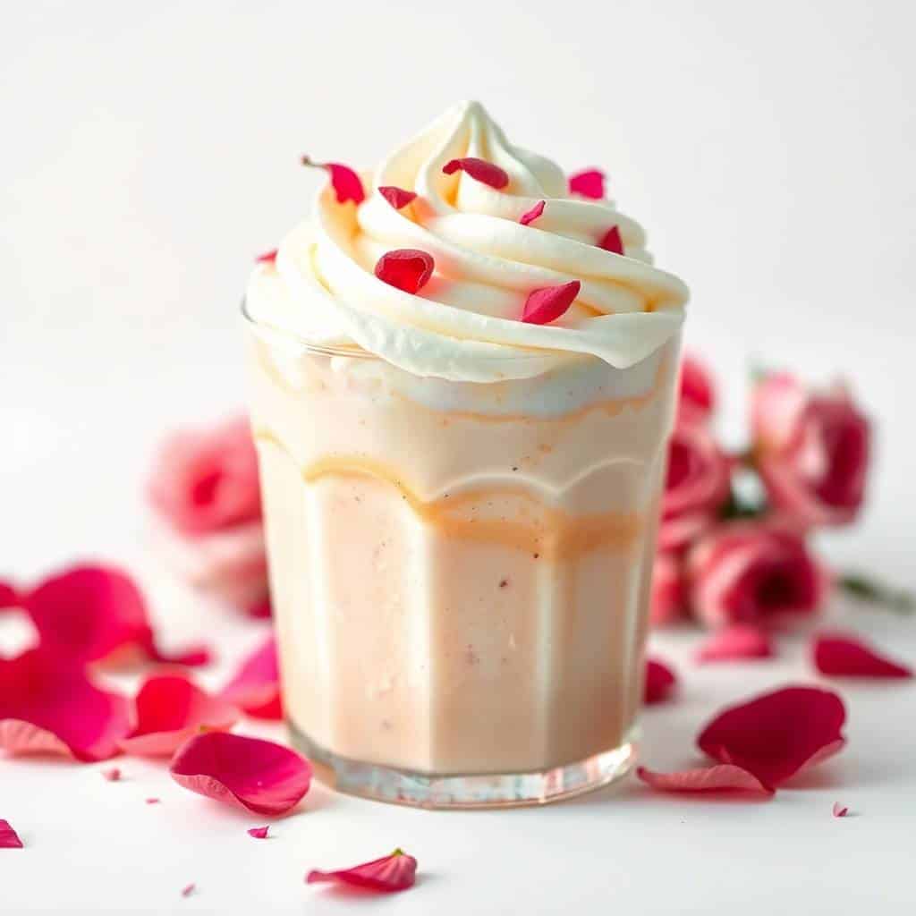 Delicious vanilla rose flavored milkshake topped with whipped cream and rose petals.