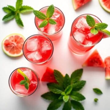 Refreshing watermelon lime mocktails with mint garnishes and ice cubes. Perfect for summer drinks an.