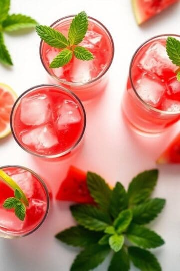 Refreshing watermelon lime mocktails with mint garnishes and ice cubes. Perfect for summer drinks an.