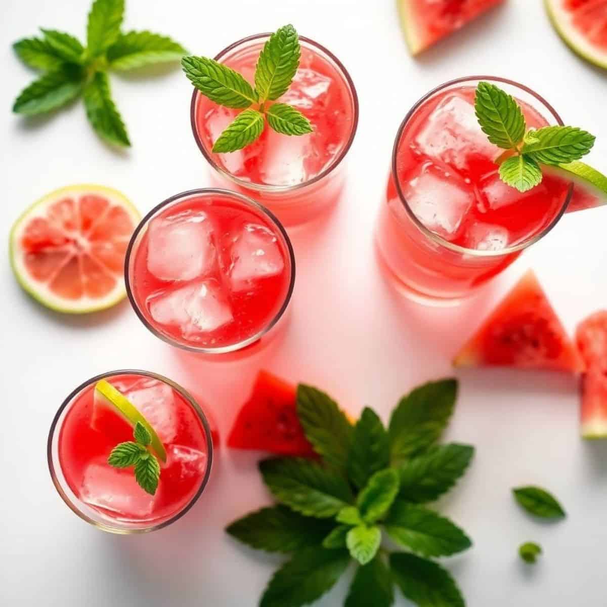 Refreshing watermelon lime mocktails with mint garnishes and ice cubes. Perfect for summer drinks an.