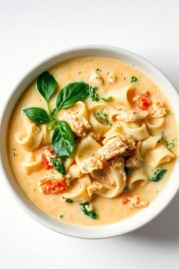 White lasagna soup in a bowl with basil leaves, creamy and cheesy.