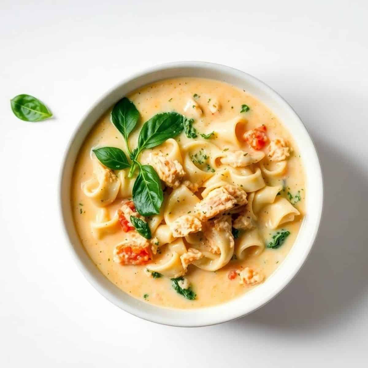 White lasagna soup in a bowl with basil leaves, creamy and cheesy.